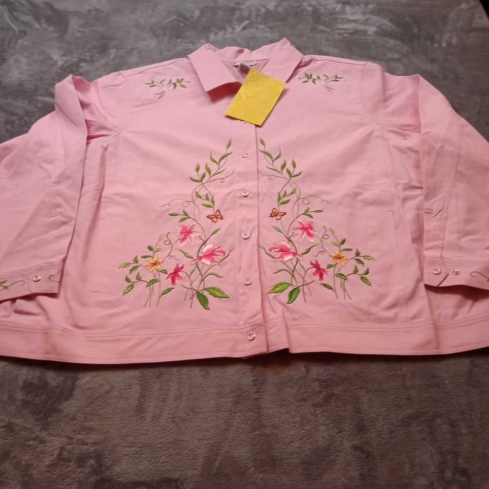 Victor Costa‎ Jacket Plus SIze 3X Pink Embroidered Floral Snap Front Collared